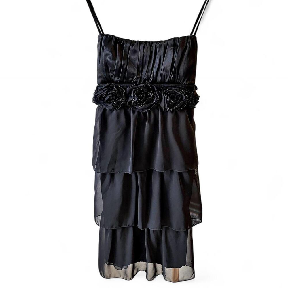 Vintage Sequin Hearts Tiered Black Chiffon Party Dress USA Made Sz 7